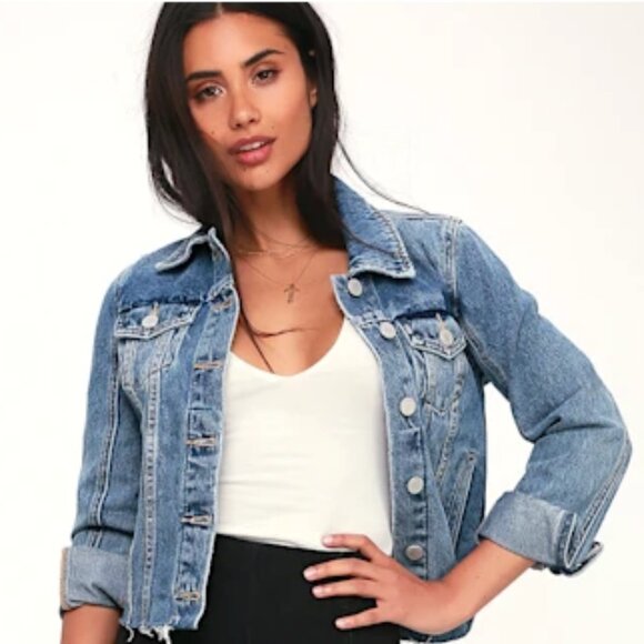 Blank NYC Jean Jacket Womens S Blue Denim Raw Edge Distressed Button Trucker - Picture 1 of 12